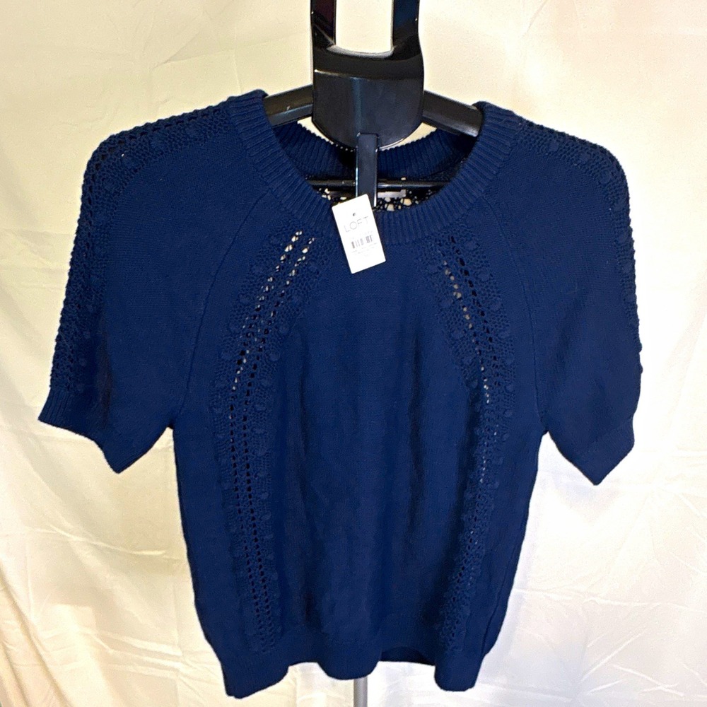 LOFT Blue Cotton Open-Knit Crewneck Short Sleeve Raglan Pullover Sweater M